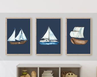 Sailboat Nursery Prints, Nautical Bedroom Decor, Set of 3 (Digital Download)