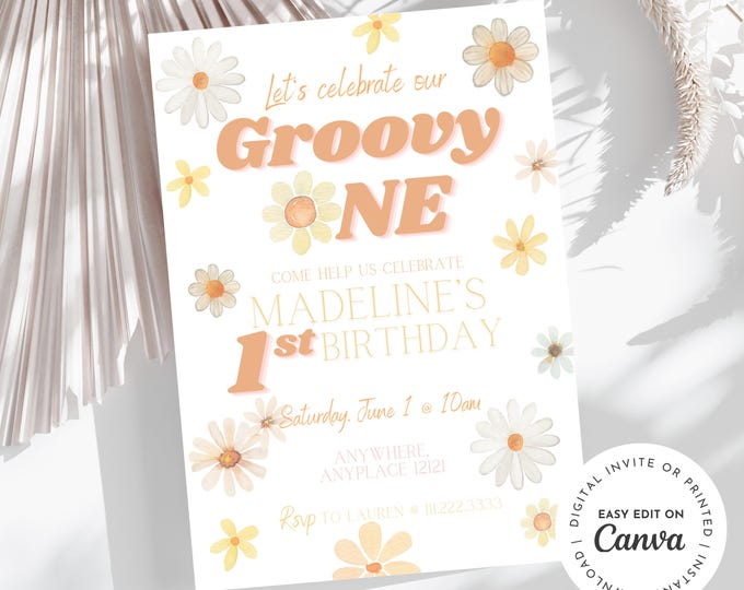 She’s our GROOVY ONE, retro, 70’s, throwback, daisy, retro groovy 1st birthday invitation themed girl birthday party, digital edit and print