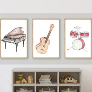 Musical instruments watercolor wall art, guitar, piano, drum set, gender neutral nursery bedroom wall art,  11x14, set of 3,digital download