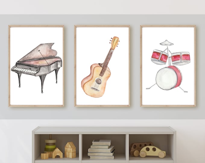 Musical instruments watercolor wall art, guitar, piano, drum set, gender neutral nursery bedroom wall art,  11x14, set of 3,digital download