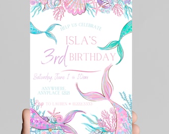 Mermaid Birthday Invitation, Seashells, Watercolor (Editable)