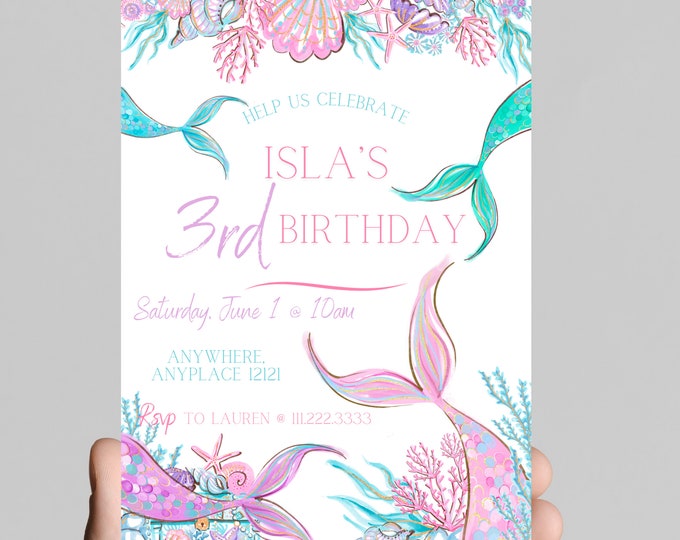 Mermaid and seashells theme girl birthday party invitation, sea shells, little mermaid tails, treasure, starfish, watercolor,age is editable