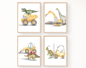 Dinosaurs and Construction trucks room decor, wall art, T-Rex, dump truck, excavator, bulldozer, 11x14, Dinos, digital download, printable