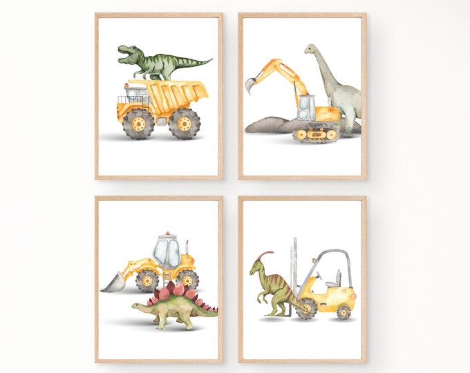 Dinosaurs and Construction trucks room decor, wall art, T-Rex, dump truck, excavator, bulldozer, 11x14, Dinos, digital download, printable