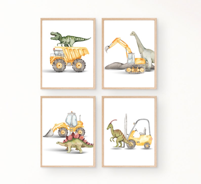 Dinosaur and construction truck theme wall art