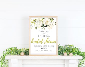 Bridal shower Sign, Welcome Sign, 11x14, Eucalyptus, White Floral, Bridal Shower, greenery, floral, printable, editable, instant download