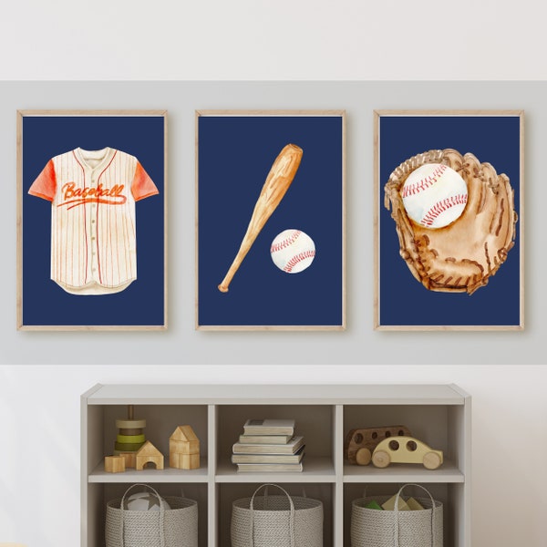 Baseball theme, room decor wall art, baseball glove, sports, 11x14, set of 3 prints with optional addition of child's name, digital download