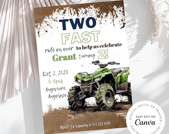 Two Fast ATV four-wheeler theme 2nd birthday boy invitation, rev your engine shift into gear, dirt, mud, printable, digital