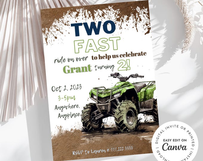 Two Fast ATV four-wheeler theme 2nd birthday boy invitation, rev your engine shift into gear, dirt, mud, printable, digital