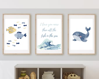 I love you more than all the fish in the sea, whale, beach baby wall art, nursery sign, coastal, nautical, nursery decor,  11x14 print,