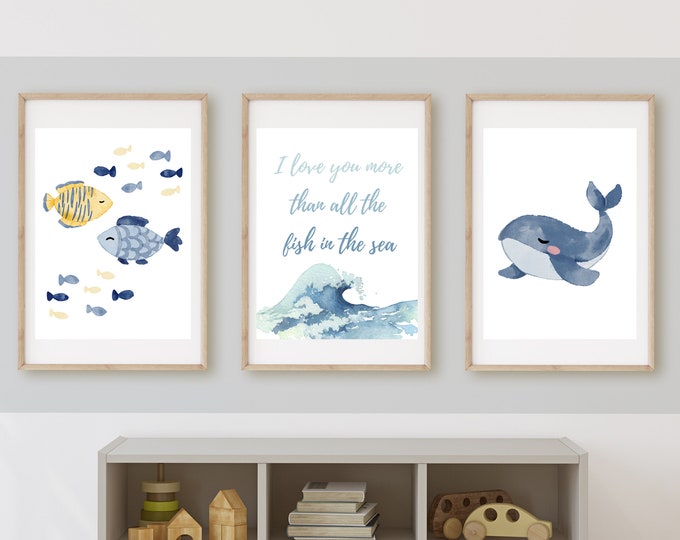 I love you more than all the fish in the sea, whale, beach baby wall art, nursery sign, coastal, nautical, nursery decor,  11x14 print,