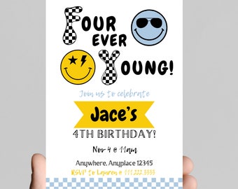 ゲン作(4歳男の子) FOUR EVER YOUNG Boy 4th Birthday Party Invitation, Black and