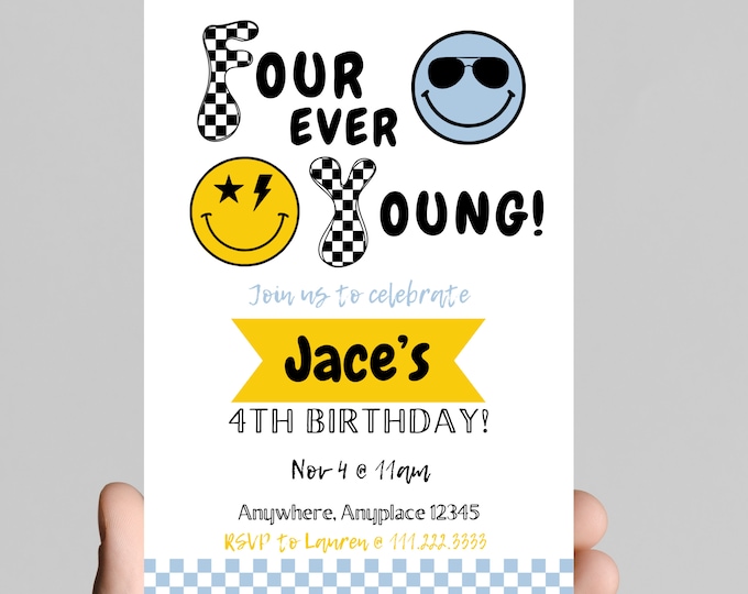 FOUR EVER YOUNG boy 4th birthday party invitation, black and white, smiley face, sunglasses, edit and printable, digital