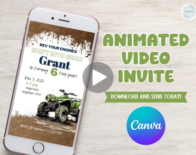 Rev your engine Shift into gear, ATV four-wheeler theme video birthday boy invitation, easily edit age and details, dirt, mud, digital