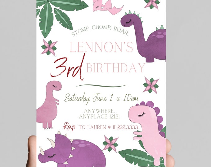 Stop Chomp Roar! Pink purple Dino Party like a dinosaur birthday party invitation, editable dino girl birthday, printable digital download