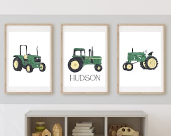 john deere vintage tractor boy room decor with name, green tractor wall art, farm country room, rustic, 11x14, set of 3, frame not included