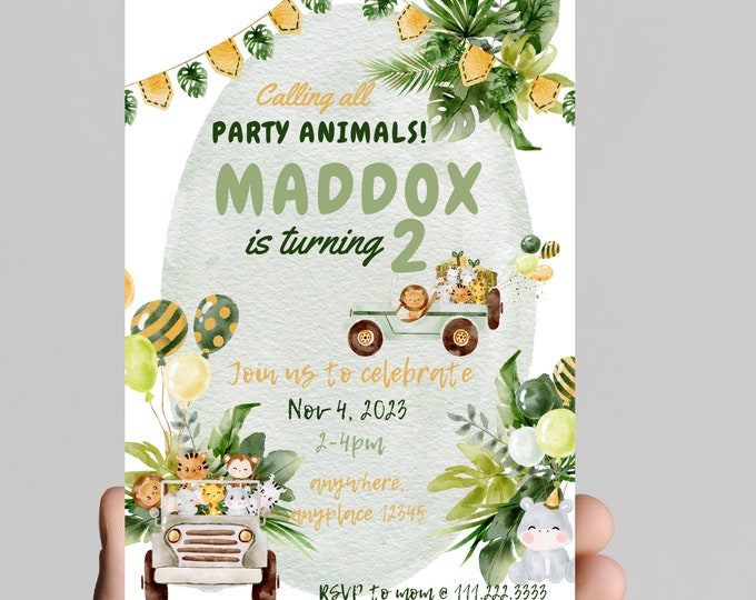 Calling all party animals safari theme 2nd birthday invitation, safari animals, zoo animals, party animals, customize, digital, printable