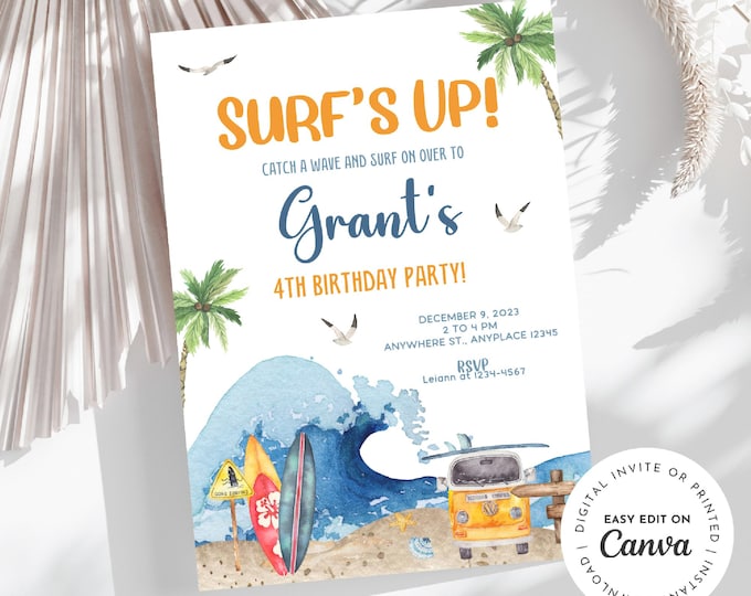 Catch the big ONE surfing our little dude’s first birthday invitation, surf theme, waves, beach, surfboards, ocean waves, customizable