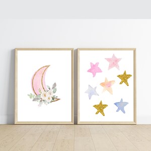 whimsical floral pink moon and stars nursery wall art, 11x14, set of 2 digital downloads