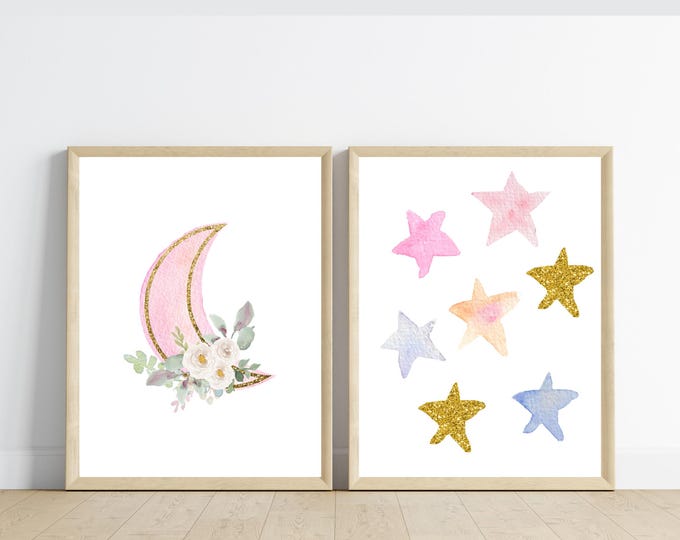 whimsical floral pink moon and stars nursery wall art, 11x14, set of 2 digital downloads