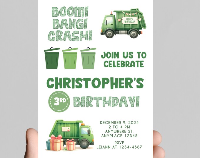 Boom, bang, crash, Garbage truck theme birthday Invitation, rubbage truck, recycle truck, celebrate the birthday boy! Editable, printable