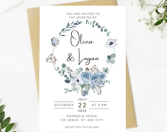 Beautiful Wedding invitation, dusty blue floral, Wedding, blue floral, navy, printable, editable, instant download template, e-card, Bridal