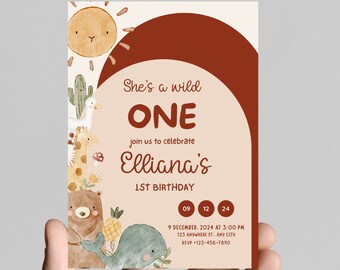 Wild one boho girl first birthday invitation, boho, chic, trendy, golden sun, editable, printable