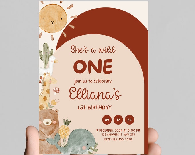 Wild one boho girl first birthday invitation, boho, chic, trendy, golden sun, editable, printable