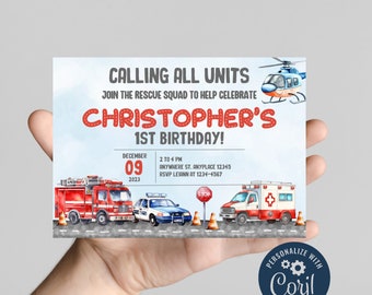 Calling all units, sound the alarm and grab your gear, firs responders 911 theme, fire fighter truck, police car, ambulance