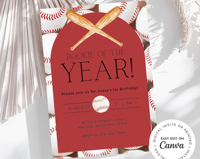 Rookie year Baseball birthday invitation, rookie of the year birthday invitation, first birthday party, baseball party