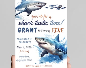 Shark-tactic time, shark theme birthday party invitation, edit to any age, deep sea, ocean, sharks, jaws, shark attack, shark week.