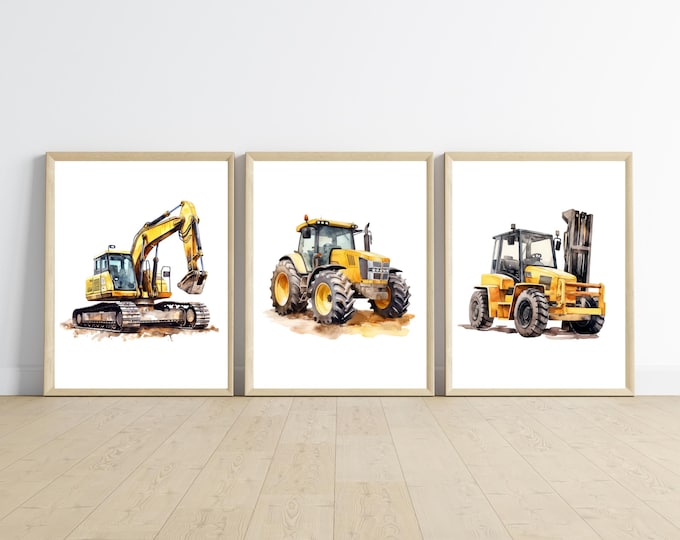 Construction truck room decor, wall art, dump truck, excavator, bulldozer, 11x14, set of 3 prints included, customizable, frame not included