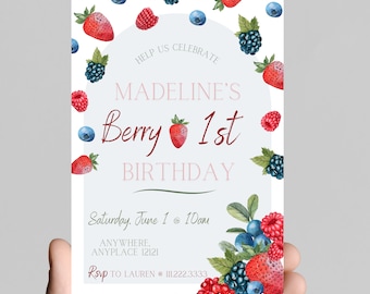 Berry First Birthday Invitation, Strawberry Theme (Editable Download)