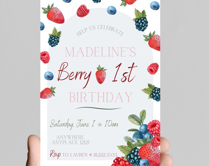 Berry First birthday themed berry birthday invitation themed girl birthday party, strawberries, sweet girl, first birthday, sweet ONE