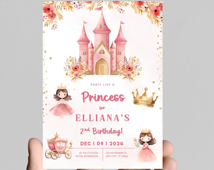 Princess theme birthday invitation, Princess castle, carriage, gold glitter, pink Princess, girl birthday party, customizable to any age