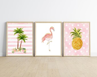 Flamingo wall art, girl nursery bedroom wall decor, flamingo, pineapple, gold glitter, tropical, 11x14, set of 3