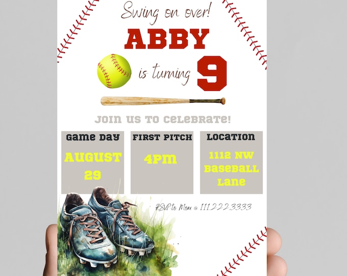 Swing on by, child is turning 5, softball birthday girl invitation, home run,party, age is customizable,easy to edit, printable, digital.