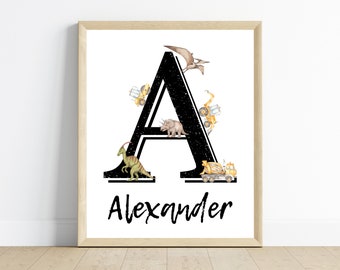 Dinosaur Construction Trucks Nursery Print, Custom Monogram (Digital Download)