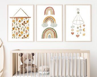 Boho Nursery Wall Art Prints, Rainbows, Stars, Moon (Set of 3 Digital 11x14)