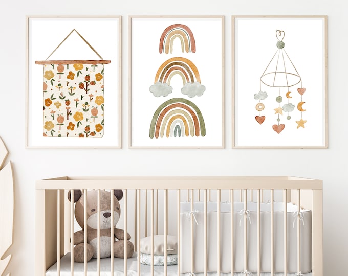 boho nursery wall art decor, boho flowers, boho rainbows, boho baby mobile, stars and moon, baby girl,11x14,set of 3 digital prints included