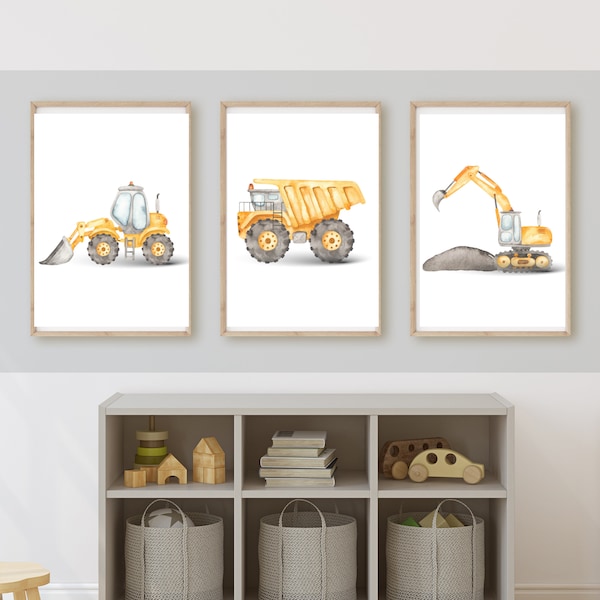 Construction truck room decor, wall art, dump truck, excavator, bulldozer, 16x20, set of 3, digital download, frame not included