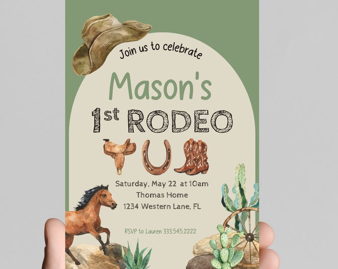 It's my first rodeo first birthday invitation, western, county, cactus, rustic, rodeo, cows, farm, horses, cowboy boots, first birthday boy