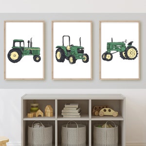 John Deere green tractor nursery bedroom wall art decor, PRINTED and shipped 11x14inches, set of 3 printed on matte paper board, NOT framed.