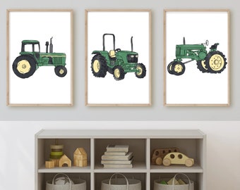 John Deere green tractor nursery bedroom wall art decor, PRINTED and shipped 11x14inches, set of 3 printed on matte paper board, NOT framed.