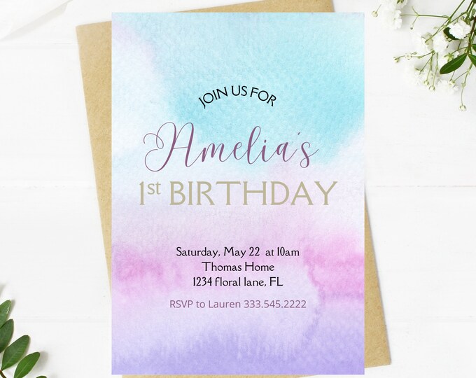 first birthday girl invitation, watercolor, minimalist, beautiful, first birthday party invitation, wildflower field