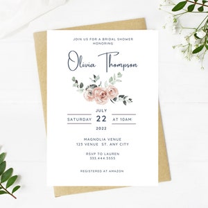 light pale pink floral and greenery bridal shower invitation, Wedding, simple, minimalist, printable, editable, instant download template