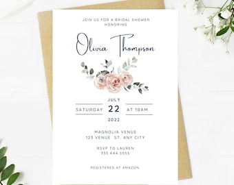 light pale pink floral and greenery bridal shower invitation, Wedding, simple, minimalist, printable, editable, instant download template