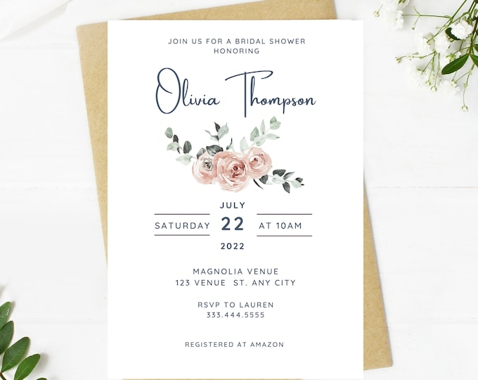light pale pink floral and greenery bridal shower invitation, Wedding, simple, minimalist, printable, editable, instant download template