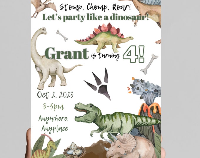 Stop Chomp Roar! Party like a dinosaur birthday party invitation,  dinos boy birthday, 5x7in, customizable digital download