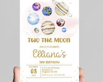 Space Theme Girl 2nd Birthday Invitation, Planets, Rocket (Digital)